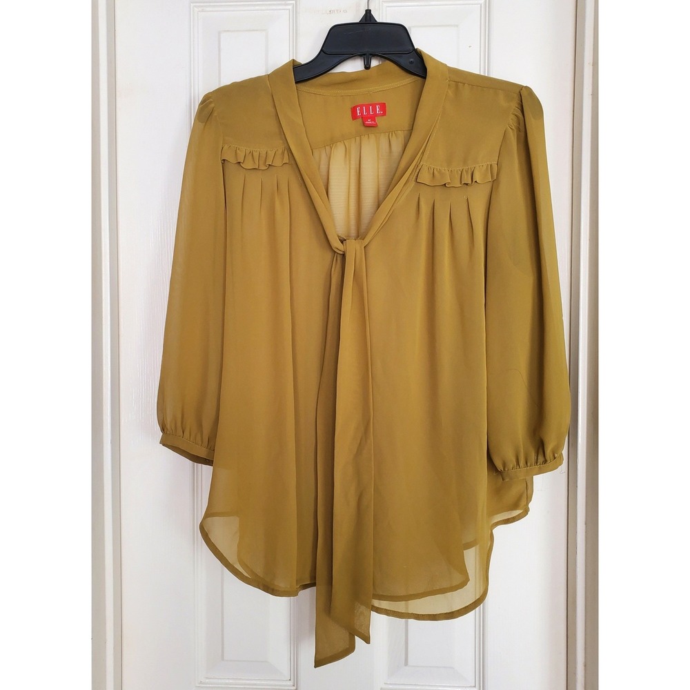 Elle Blouse Gold Yellow Sheer Tie Neck Ruffle Feminine Chiffon Career Top Medium